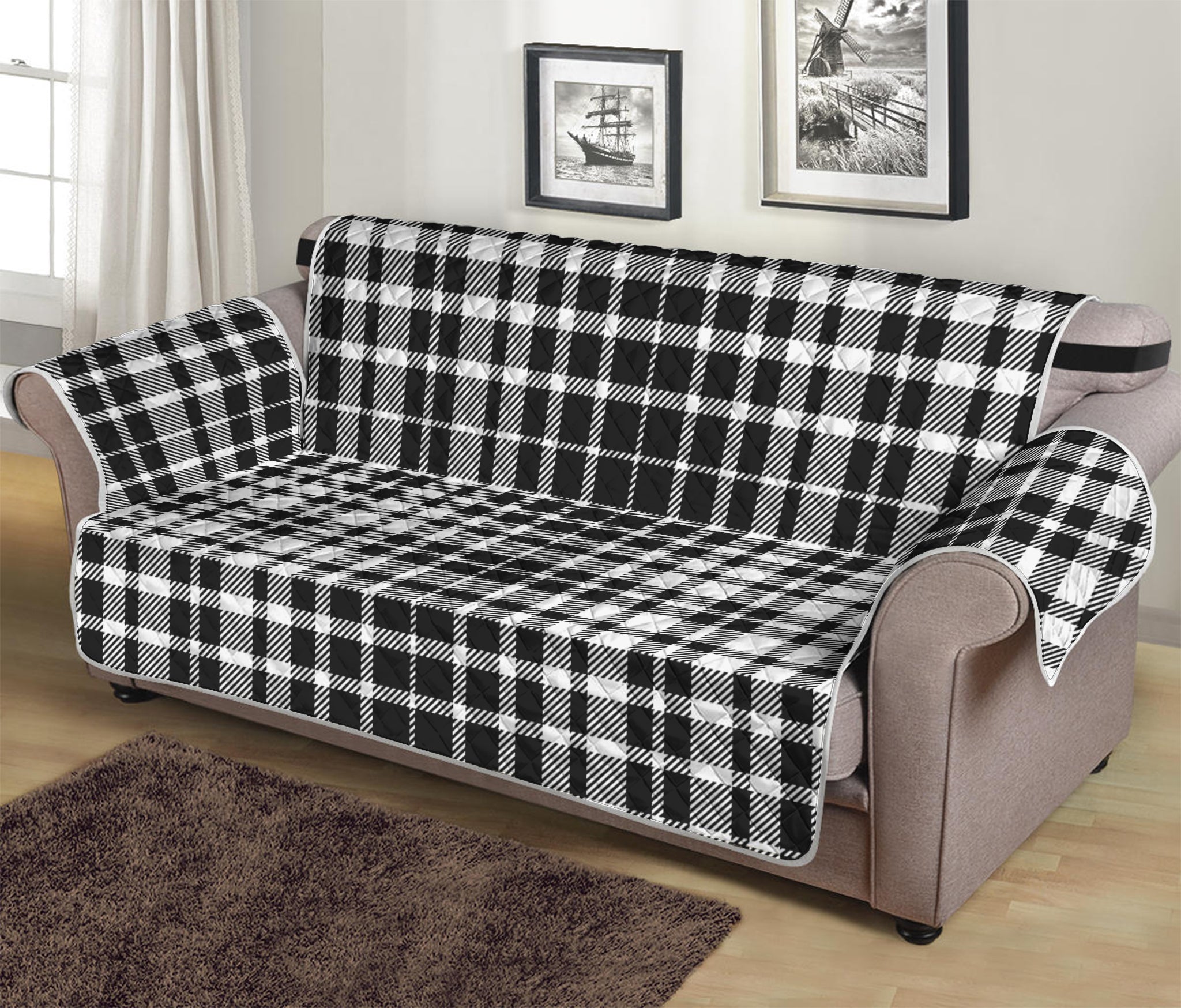 Black And White Border Tartan Print Sofa Protector