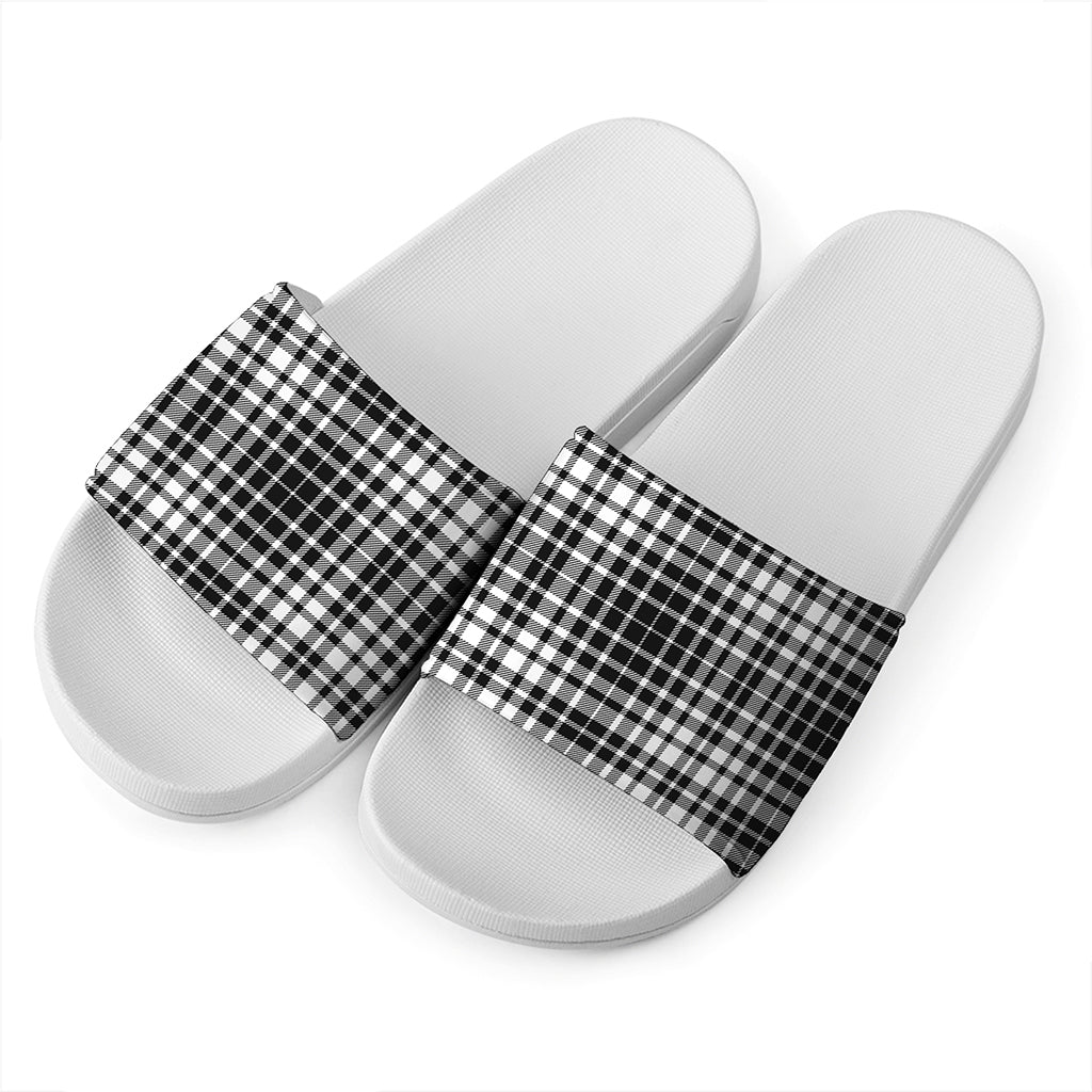 Black And White Border Tartan Print White Slide Sandals