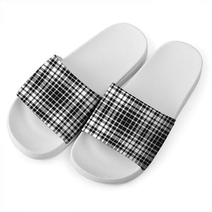 Black And White Border Tartan Print White Slide Sandals