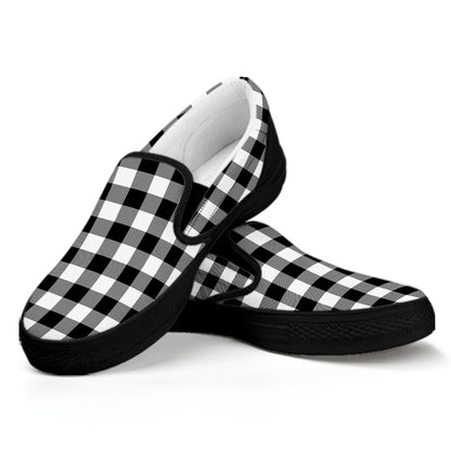 Black And White Buffalo Plaid Print Black Slip On Shoes