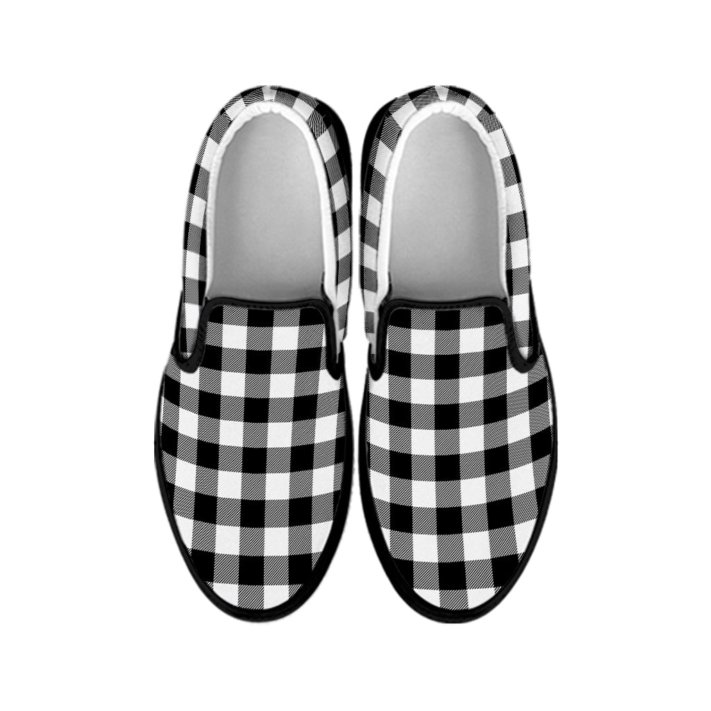 Black And White Buffalo Plaid Print Black Slip On Shoes