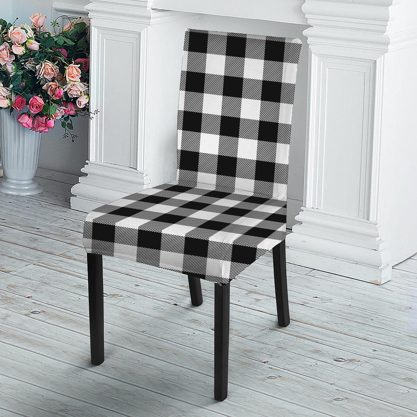 Black And White Buffalo Plaid Print Dining Chair Slipcover