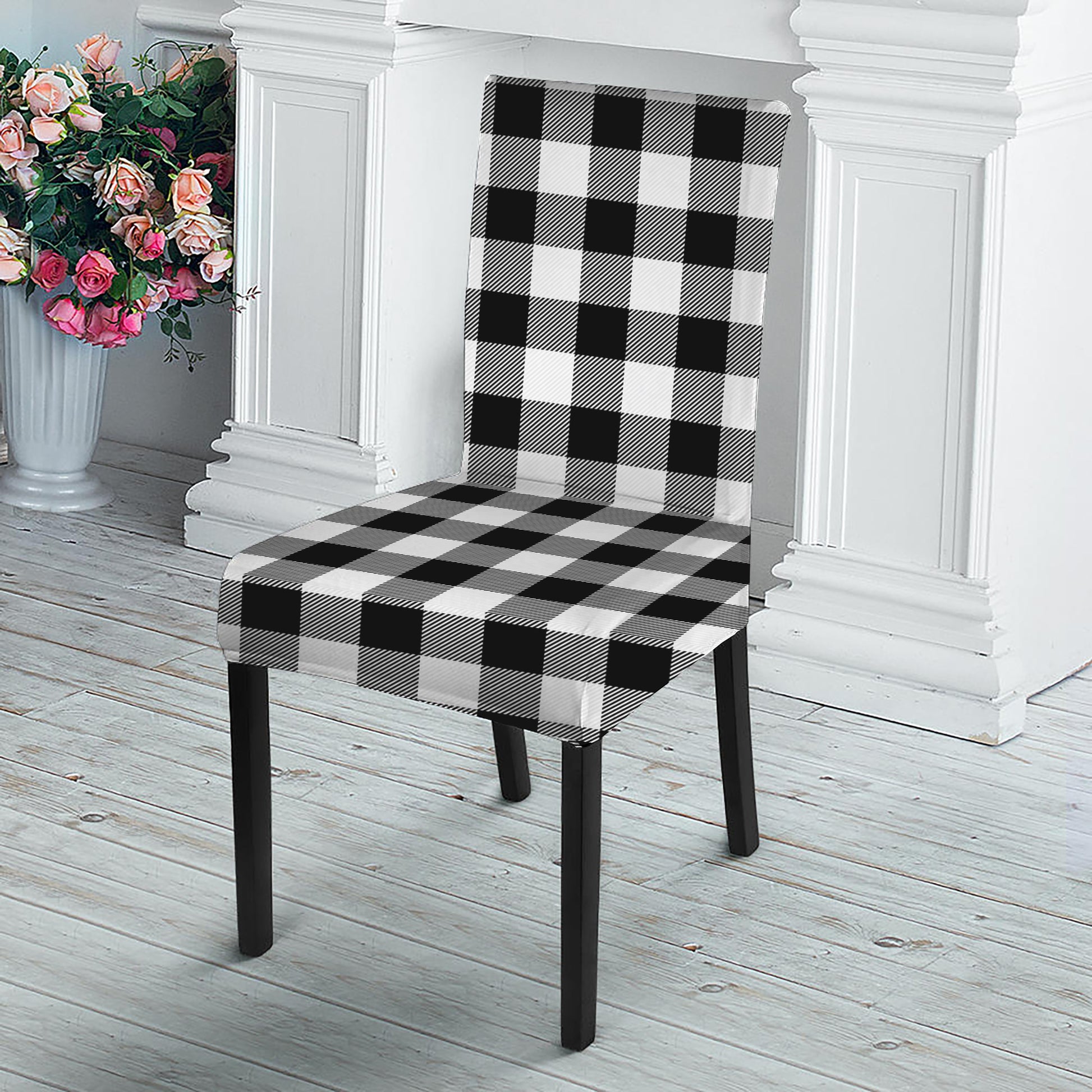Black And White Buffalo Plaid Print Dining Chair Slipcover