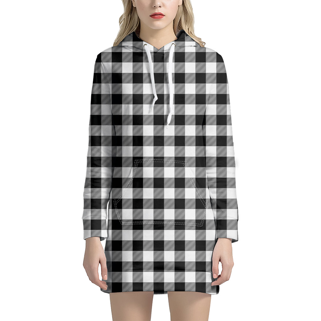 Black And White Buffalo Plaid Print Hoodie Dress