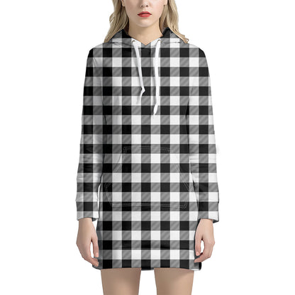Black And White Buffalo Plaid Print Hoodie Dress
