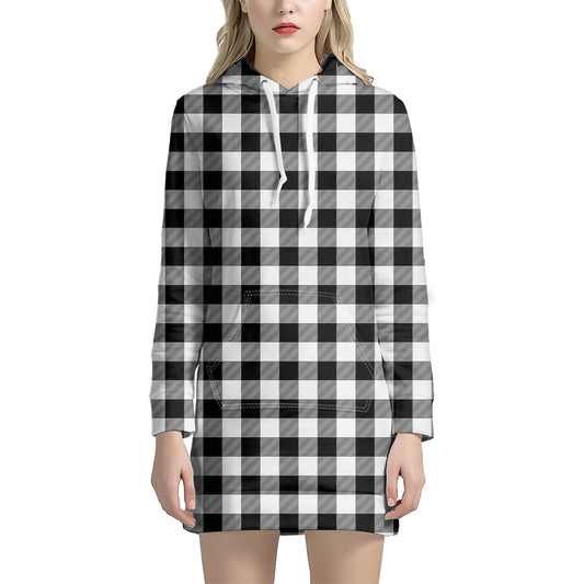 Black And White Buffalo Plaid Print Hoodie Dress
