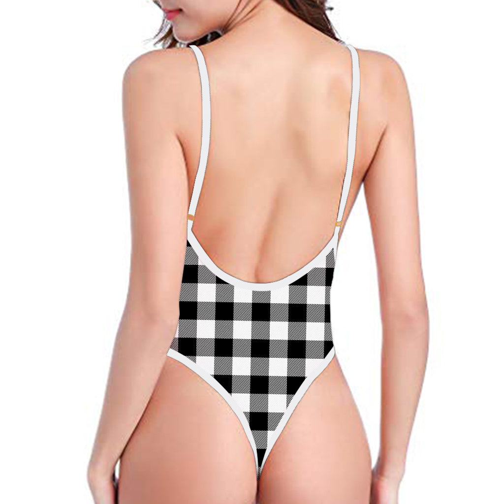 Black And White Buffalo Plaid Print One Piece High Cut Swimsuit