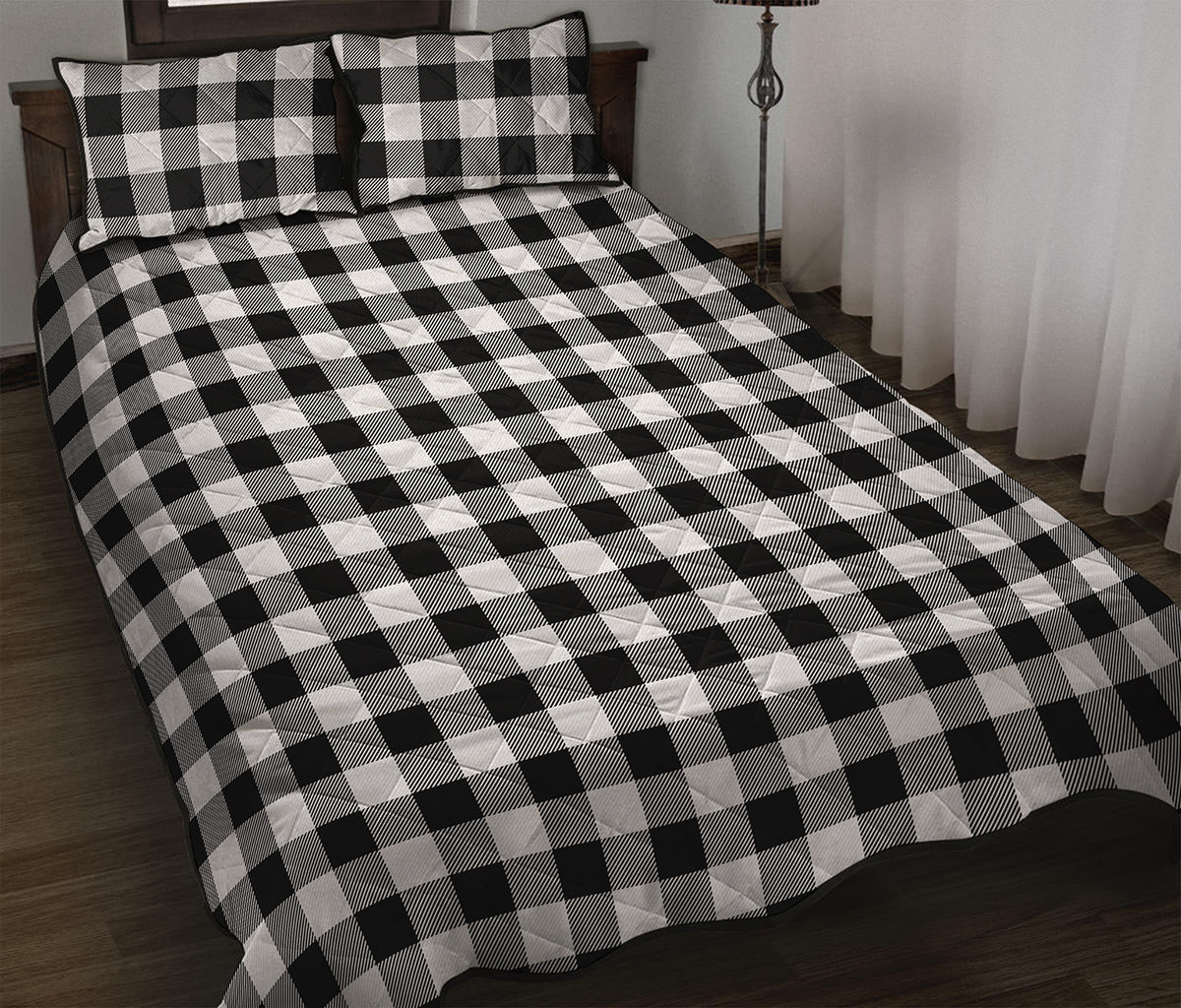 Black And White Buffalo Plaid Print Quilt Bed Set