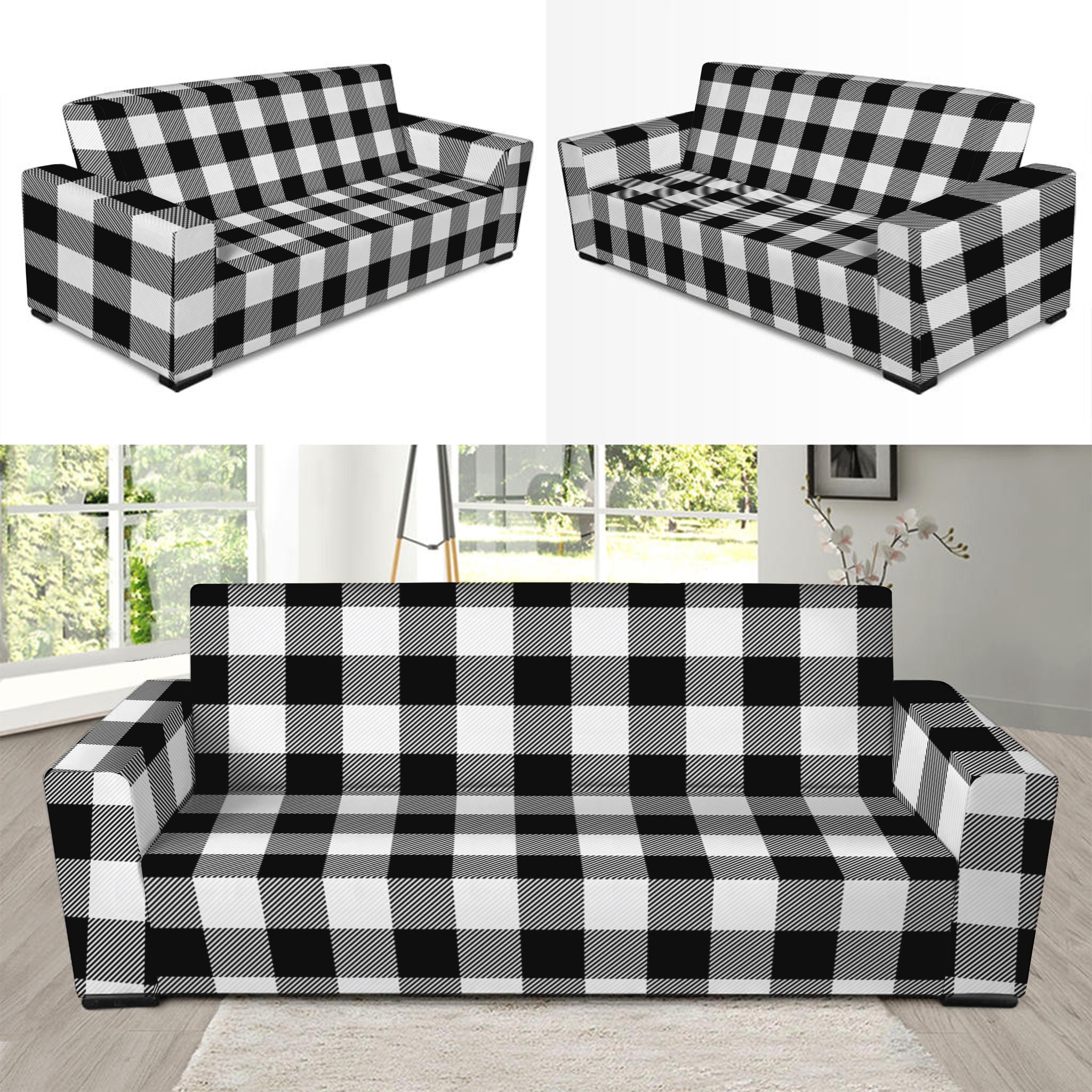 Black And White Buffalo Plaid Print Sofa Slipcover