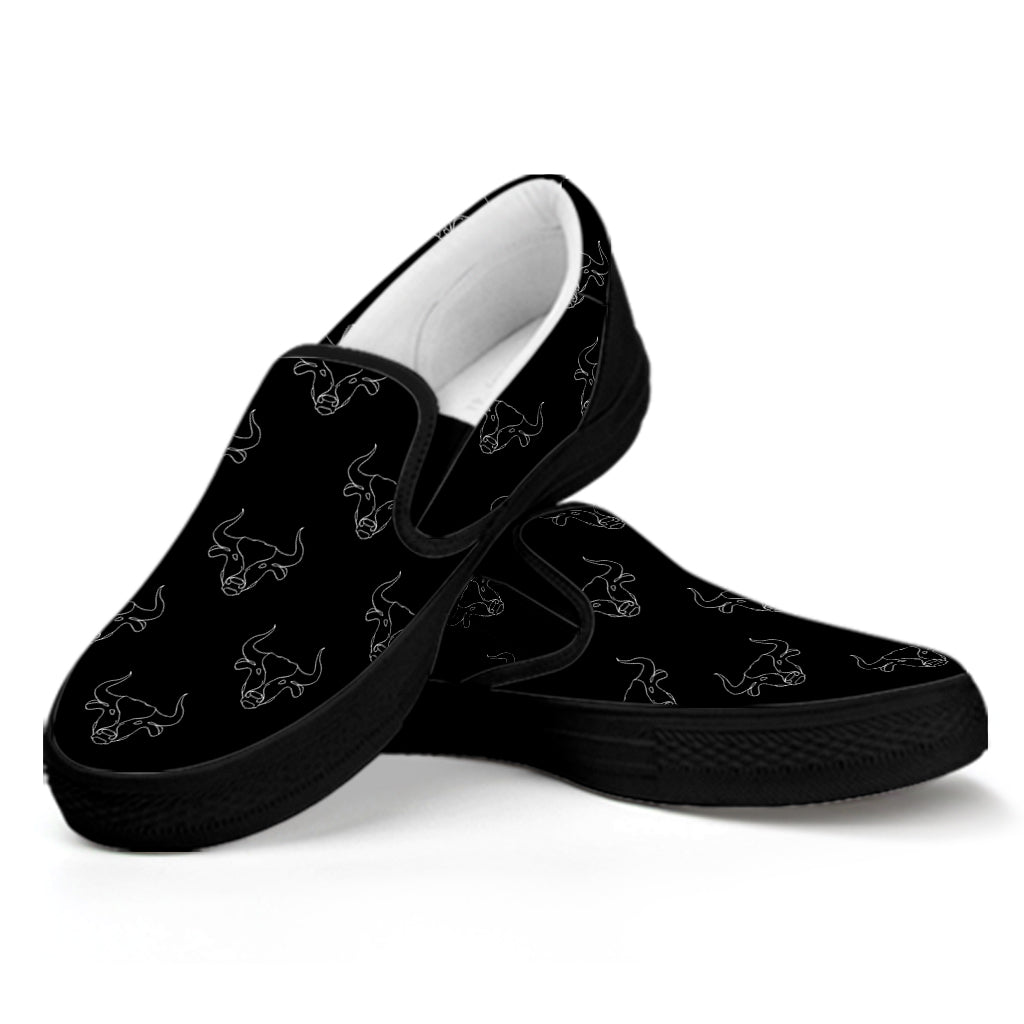 Black And White Bull Pattern Print Black Slip On Shoes