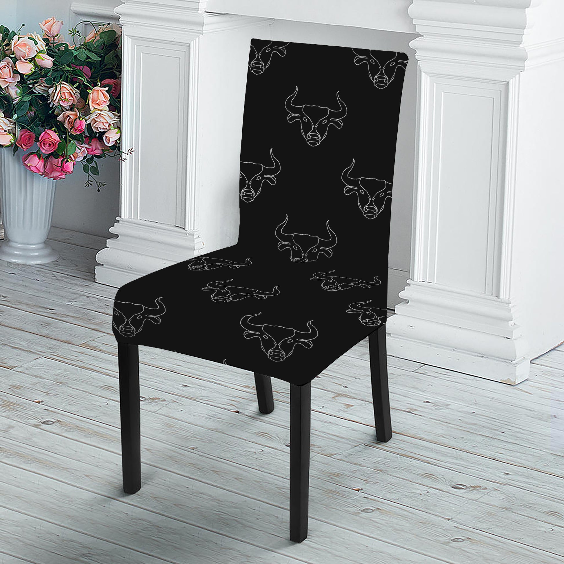 Black And White Bull Pattern Print Dining Chair Slipcover