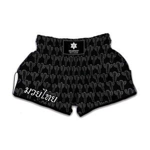 Black And White Cactus Pattern Print Muay Thai Boxing Shorts