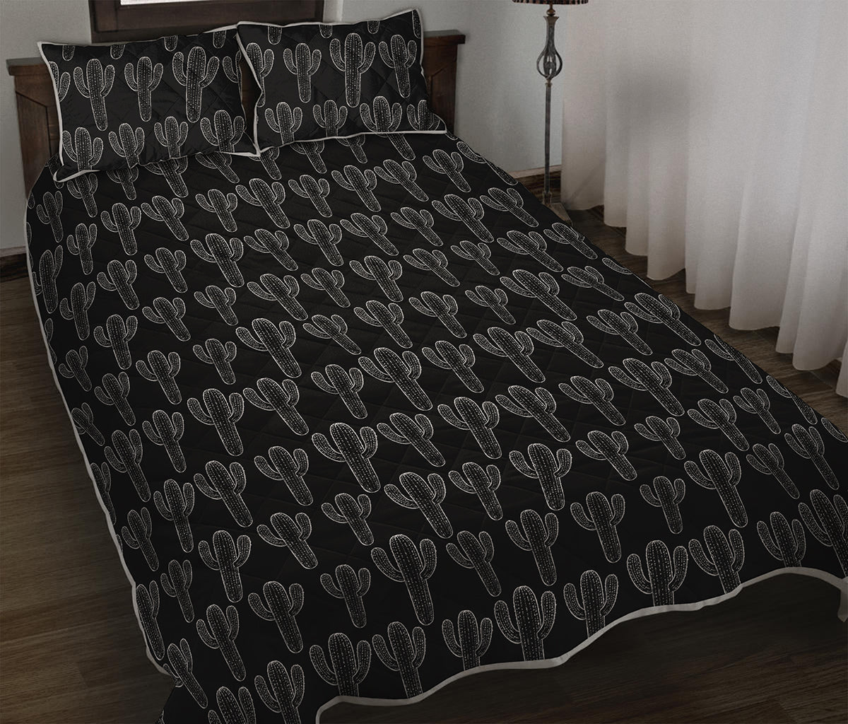 Black And White Cactus Pattern Print Quilt Bed Set