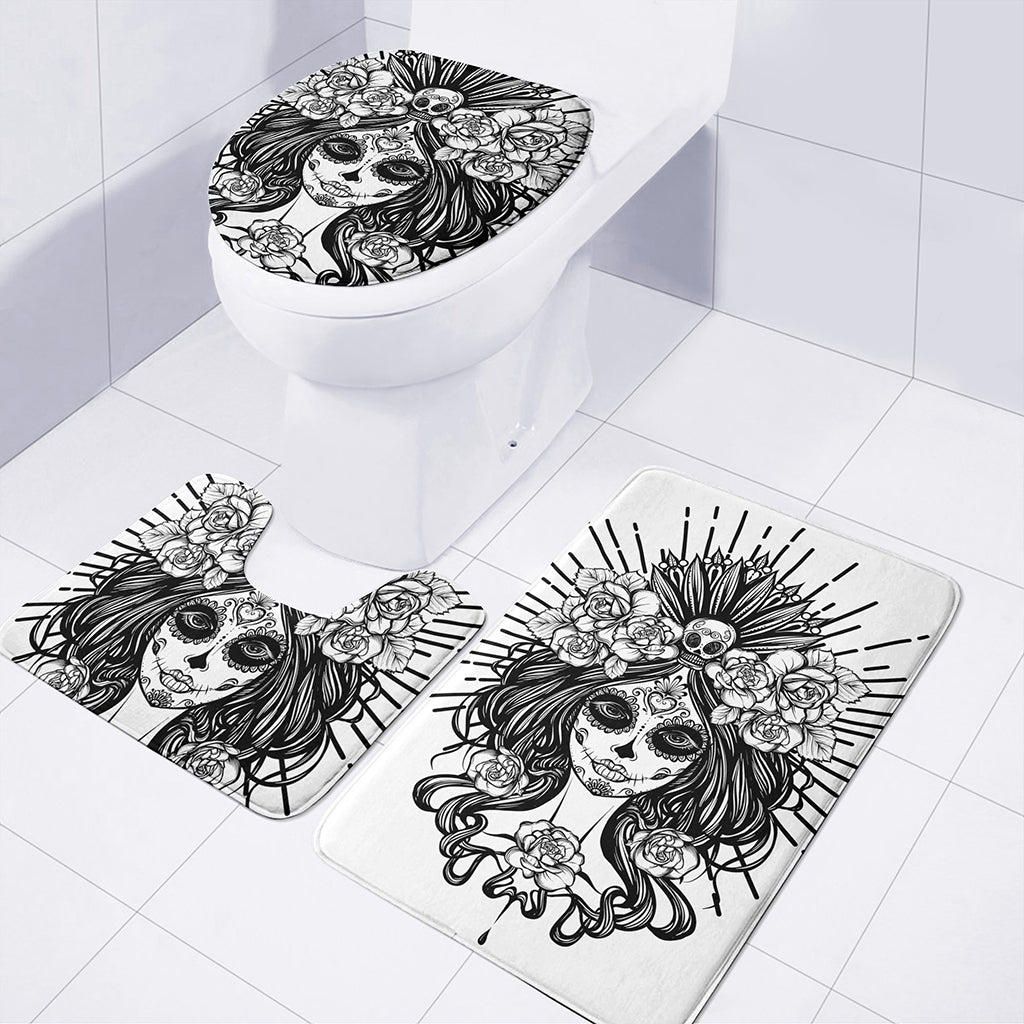 Black And White Calavera Girl Print 3 Piece Bath Mat Set