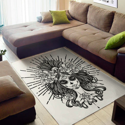 Black And White Calavera Girl Print Area Rug
