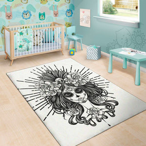 Black And White Calavera Girl Print Area Rug