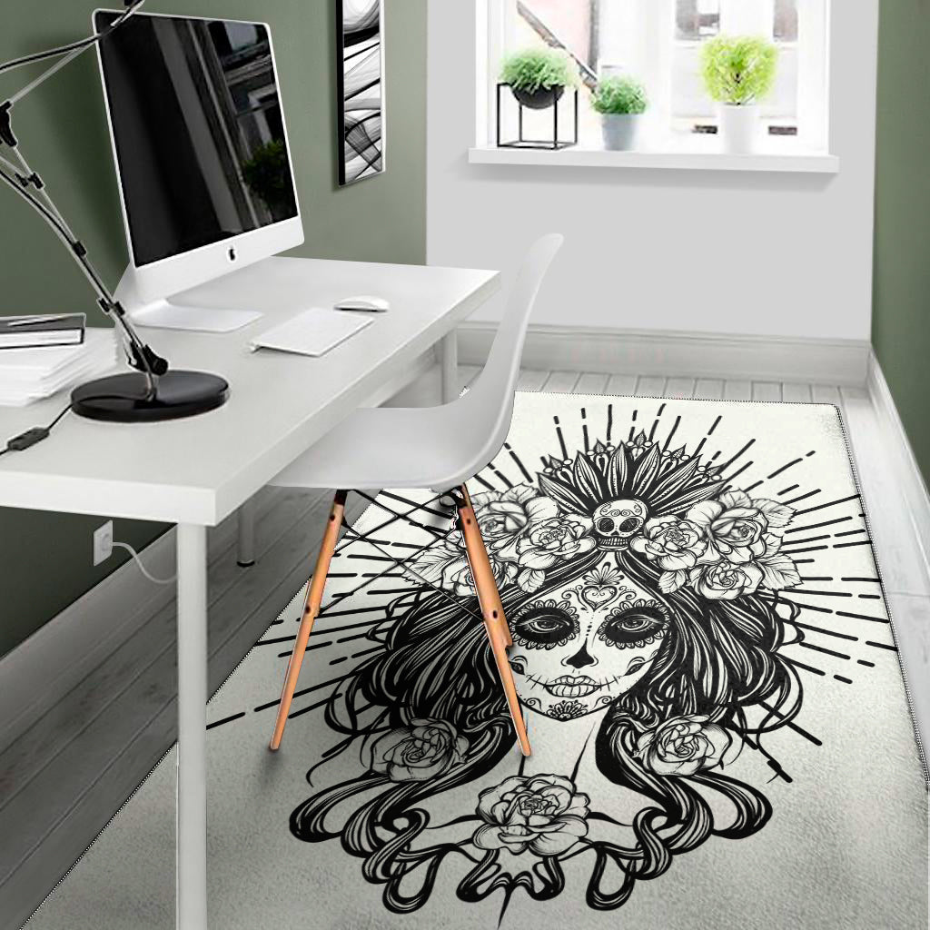 Black And White Calavera Girl Print Area Rug