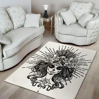 Black And White Calavera Girl Print Area Rug