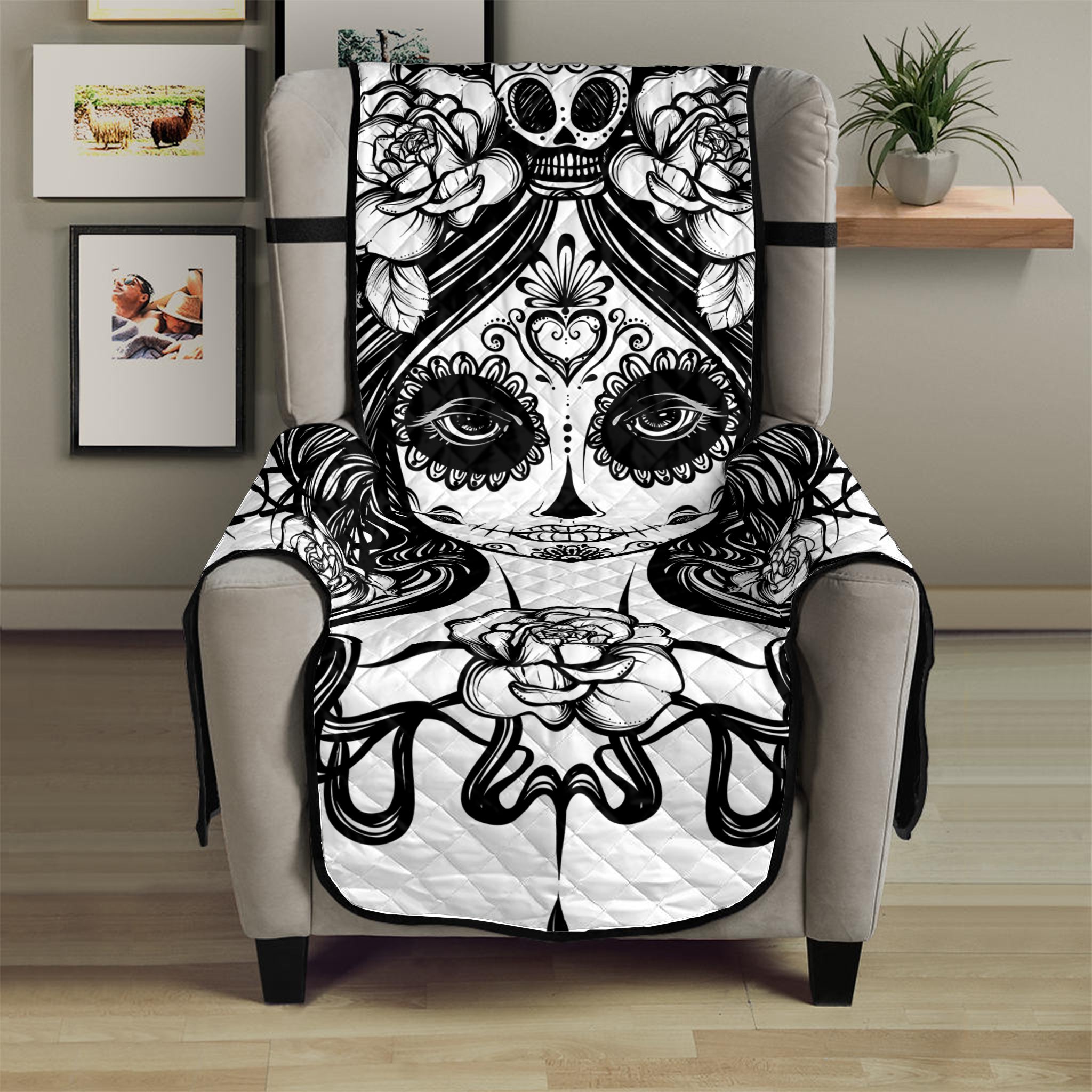 Black And White Calavera Girl Print Armchair Protector