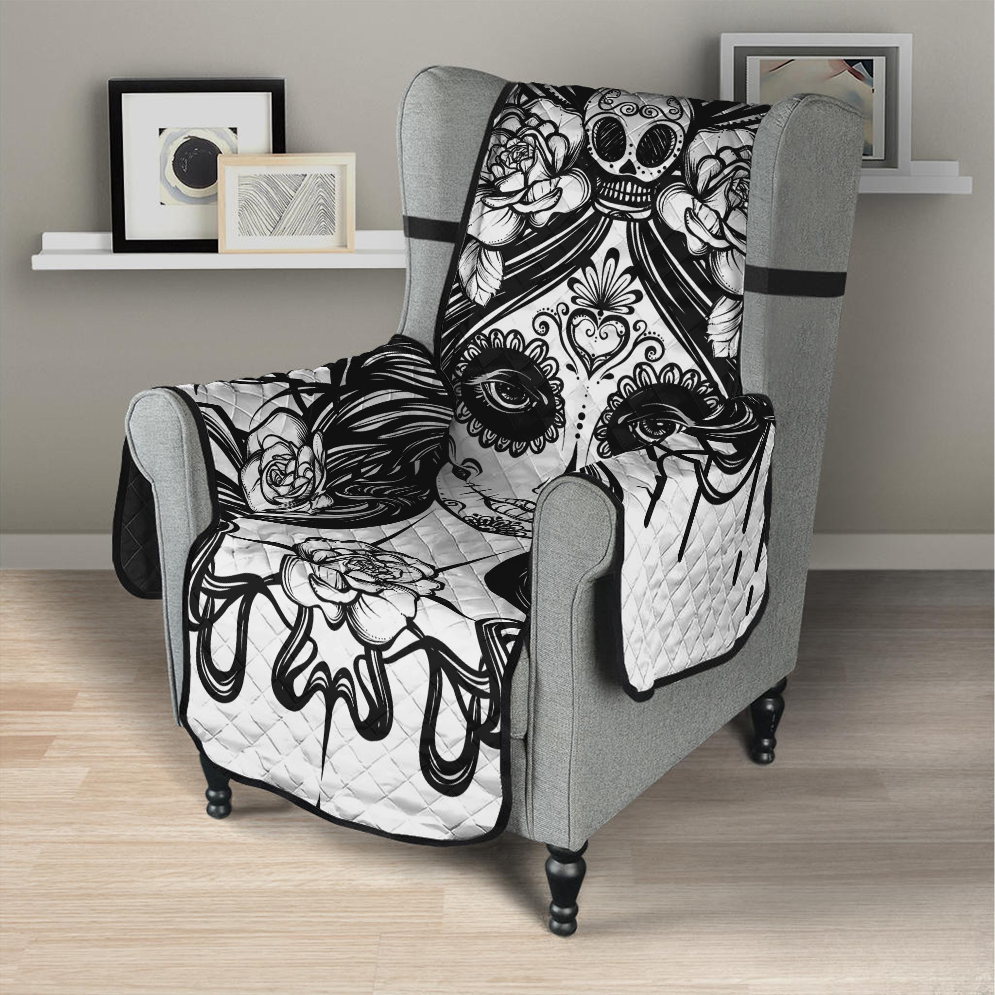 Black And White Calavera Girl Print Armchair Protector