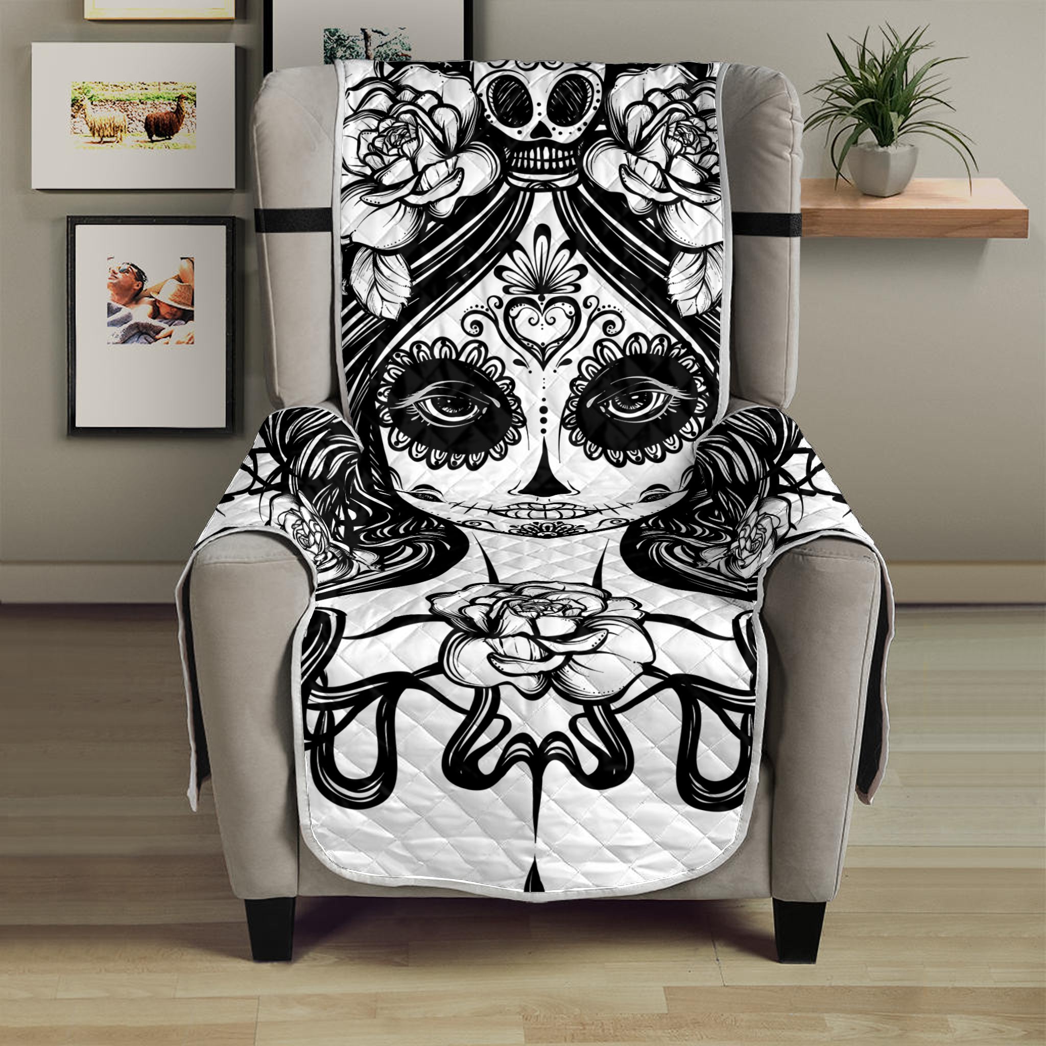 Black And White Calavera Girl Print Armchair Protector