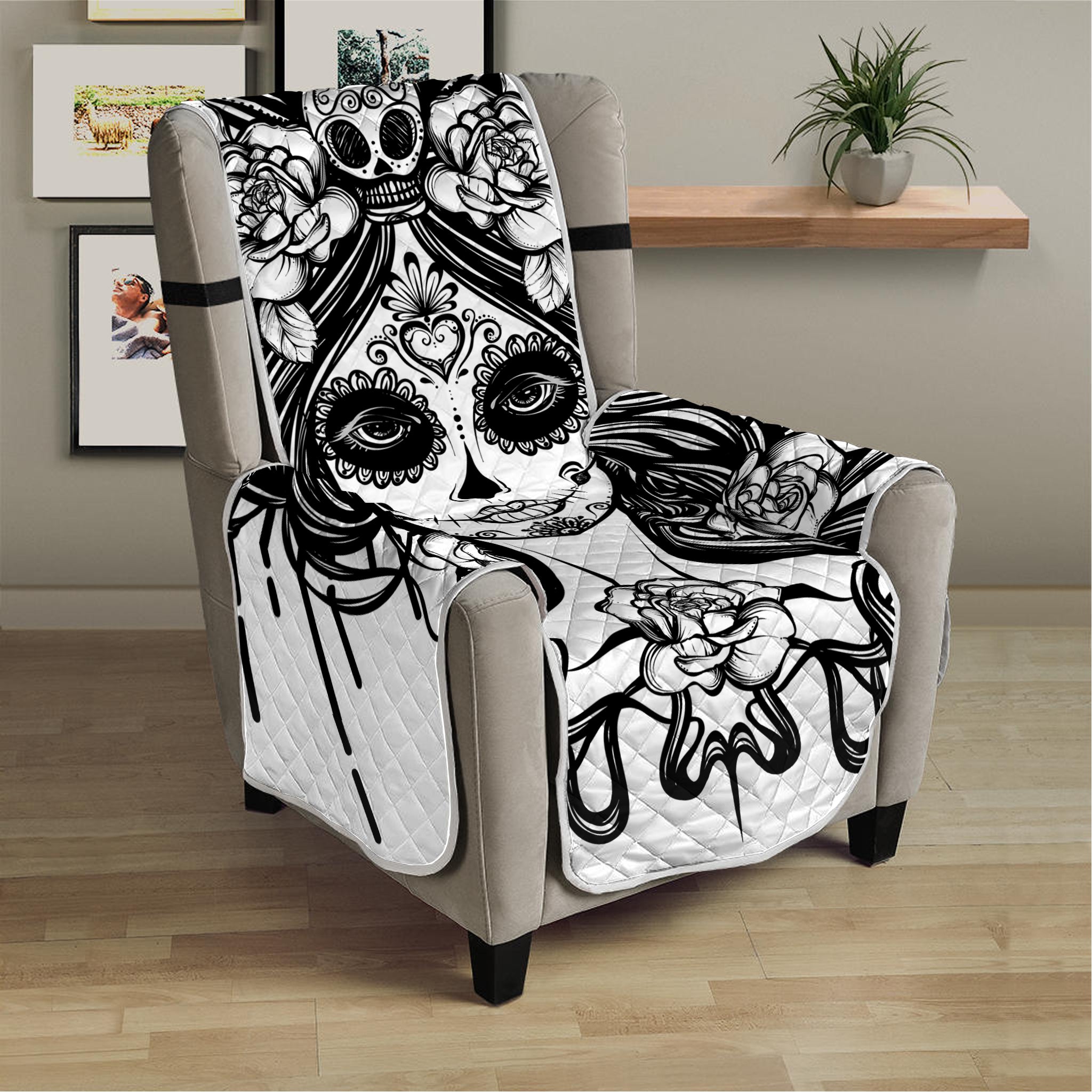 Black And White Calavera Girl Print Armchair Protector