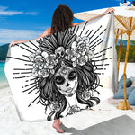 Black And White Calavera Girl Print Beach Sarong Wrap