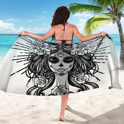 Black And White Calavera Girl Print Beach Sarong Wrap