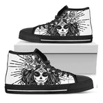Black And White Calavera Girl Print Black High Top Shoes
