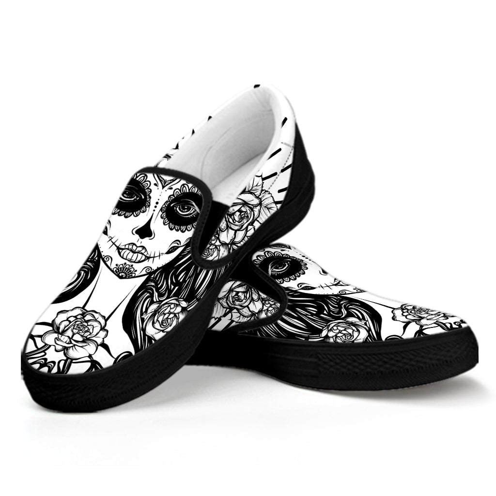 Black And White Calavera Girl Print Black Slip On Shoes