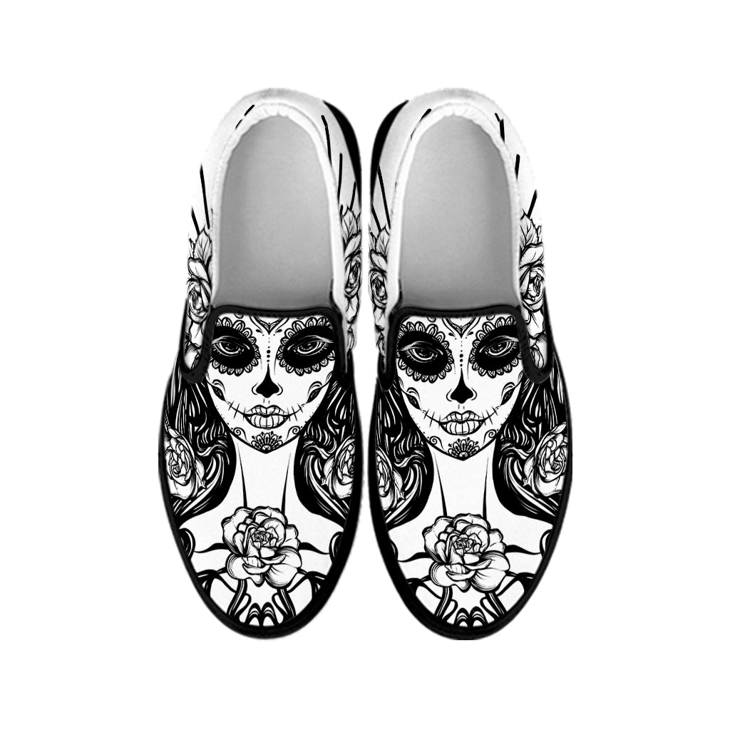 Black And White Calavera Girl Print Black Slip On Shoes