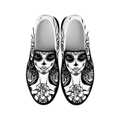 Black And White Calavera Girl Print Black Slip On Shoes
