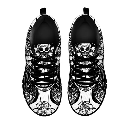 Black And White Calavera Girl Print Black Sneakers
