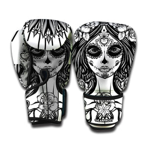 Black And White Calavera Girl Print Boxing Gloves