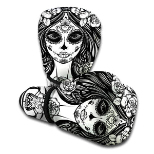 Black And White Calavera Girl Print Boxing Gloves