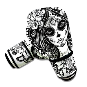 Black And White Calavera Girl Print Boxing Gloves