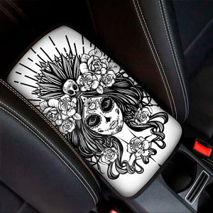 Black And White Calavera Girl Print Car Center Console Cover