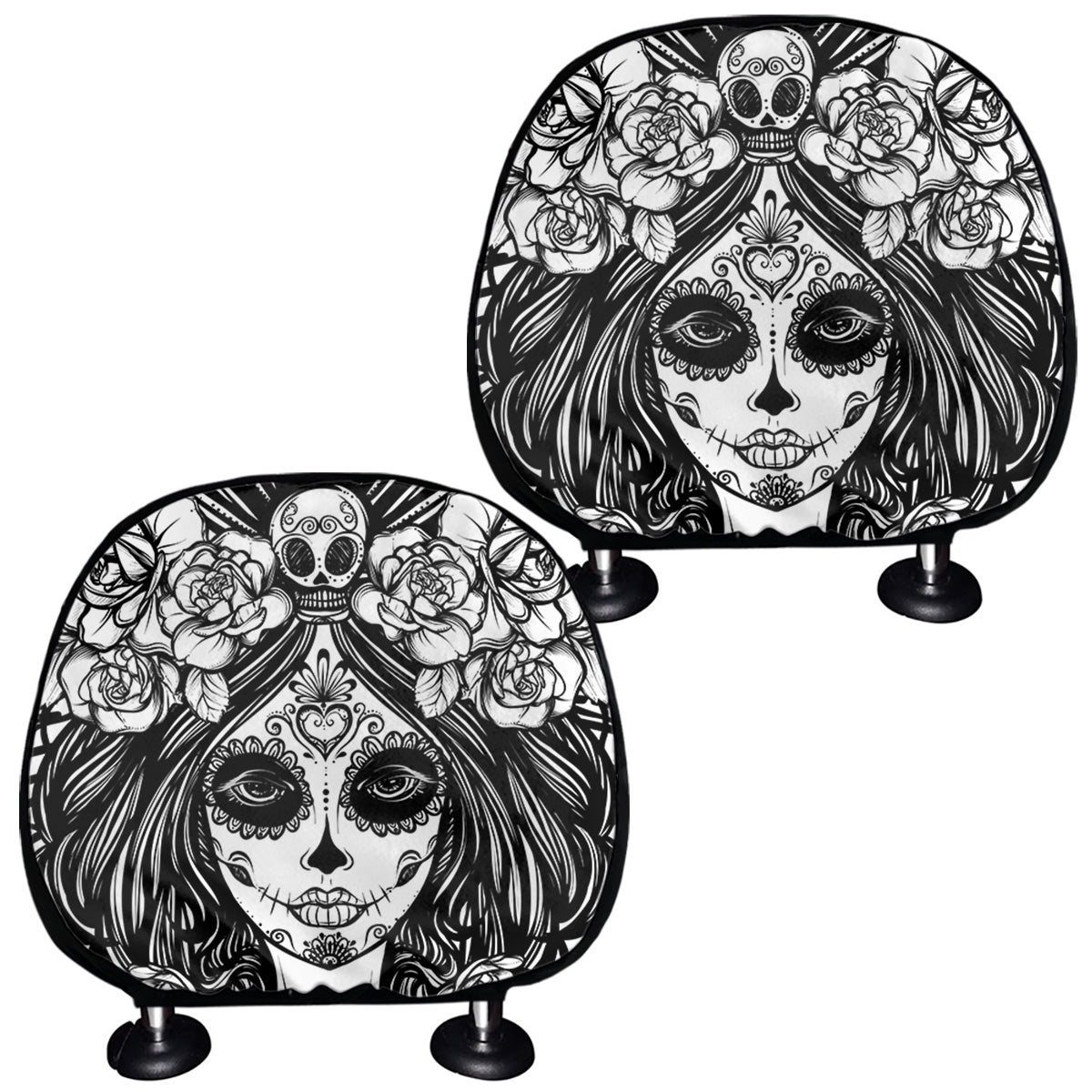 Black And White Calavera Girl Print Car Headrest Covers
