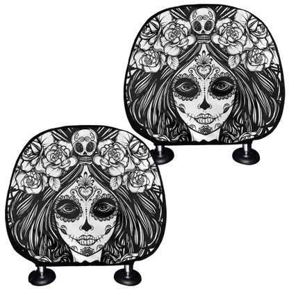 Black And White Calavera Girl Print Car Headrest Covers