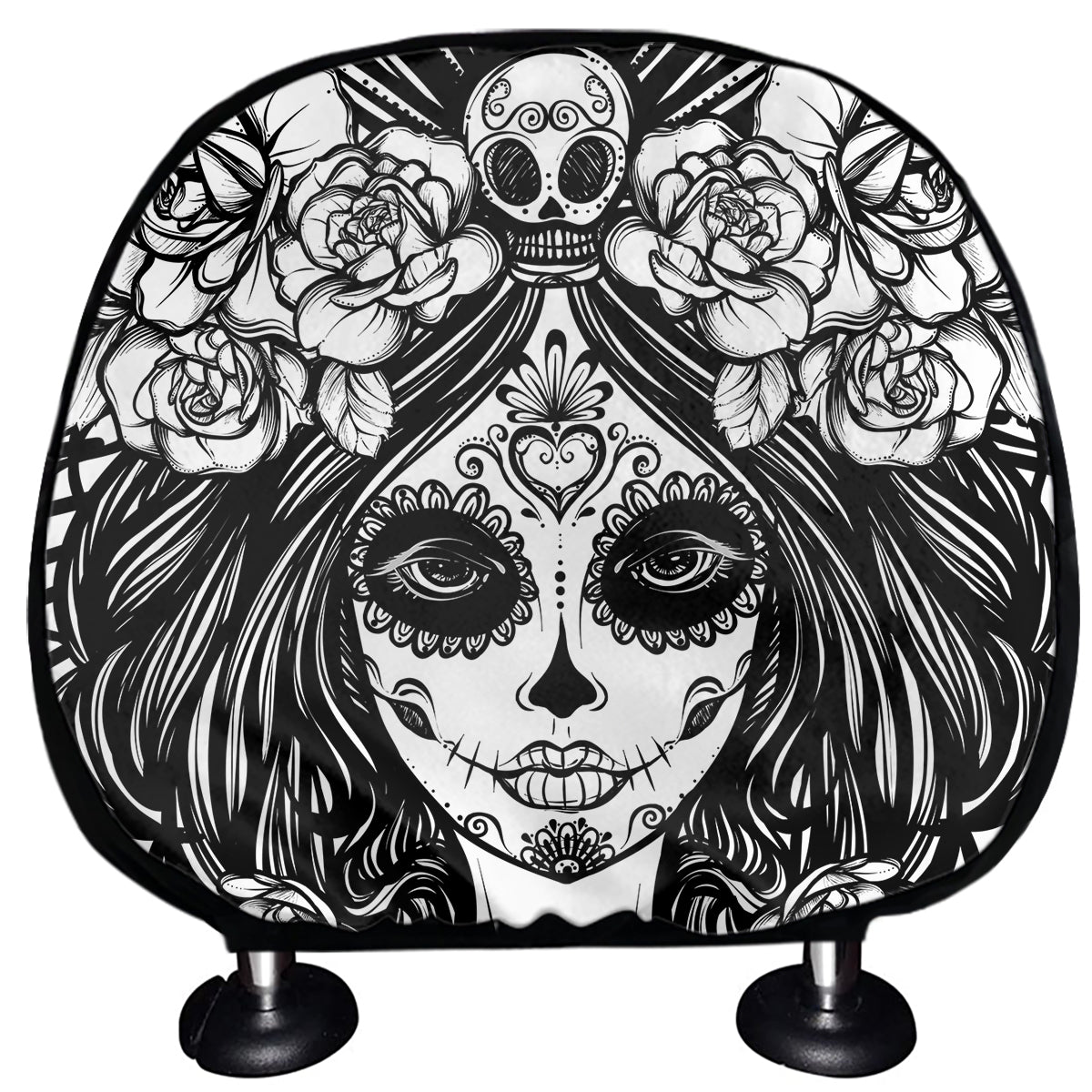 Black And White Calavera Girl Print Car Headrest Covers