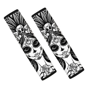 Black And White Calavera Girl Print Car Seat Belt Covers