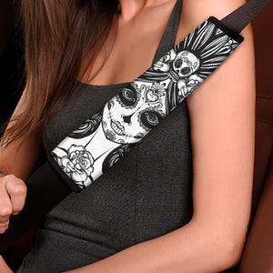 Black And White Calavera Girl Print Car Seat Belt Covers