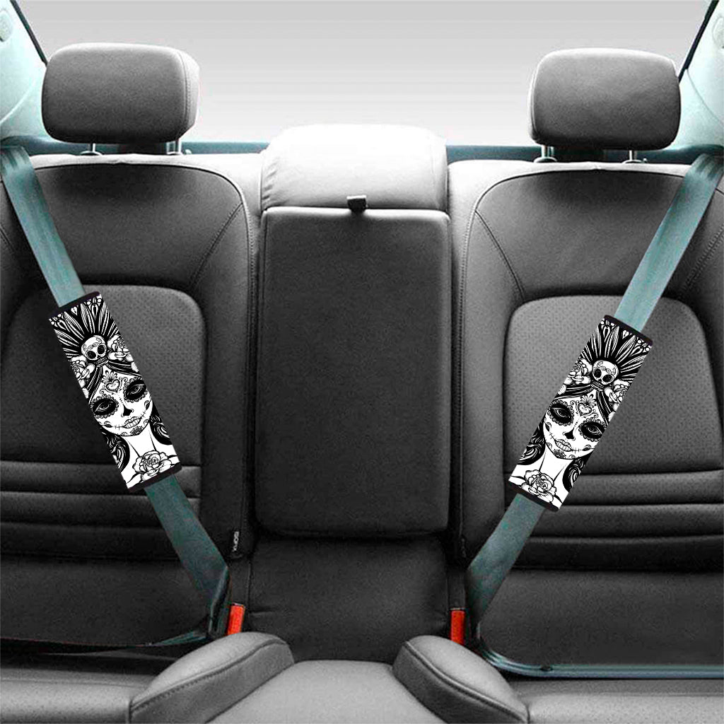 Black And White Calavera Girl Print Car Seat Belt Covers