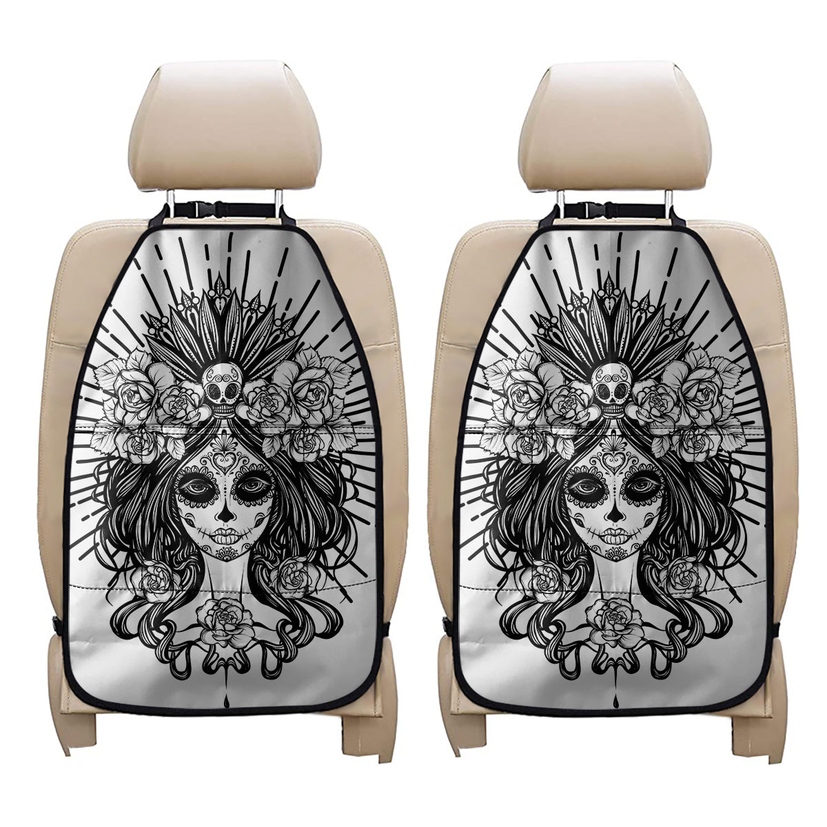 Black And White Calavera Girl Print Car Seat Organizers