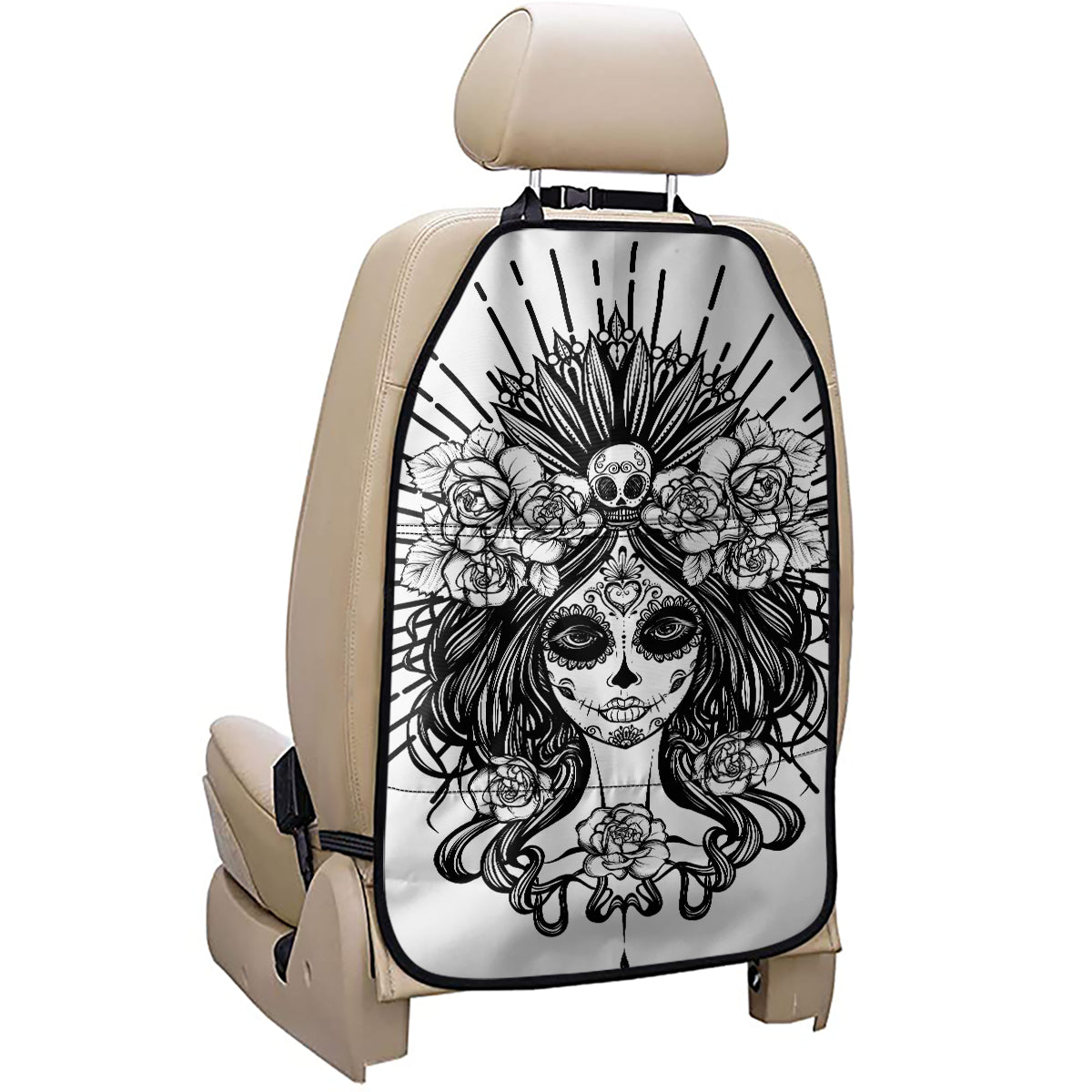 Black And White Calavera Girl Print Car Seat Organizers