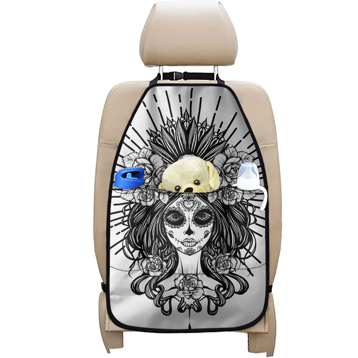 Black And White Calavera Girl Print Car Seat Organizers