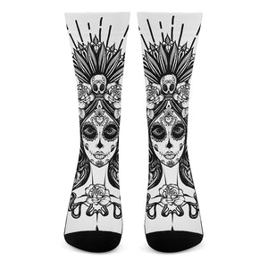 Black And White Calavera Girl Print Crew Socks