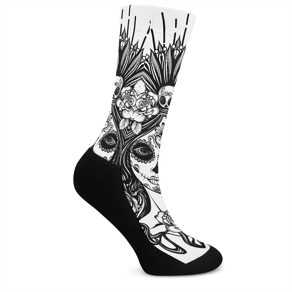 Black And White Calavera Girl Print Crew Socks