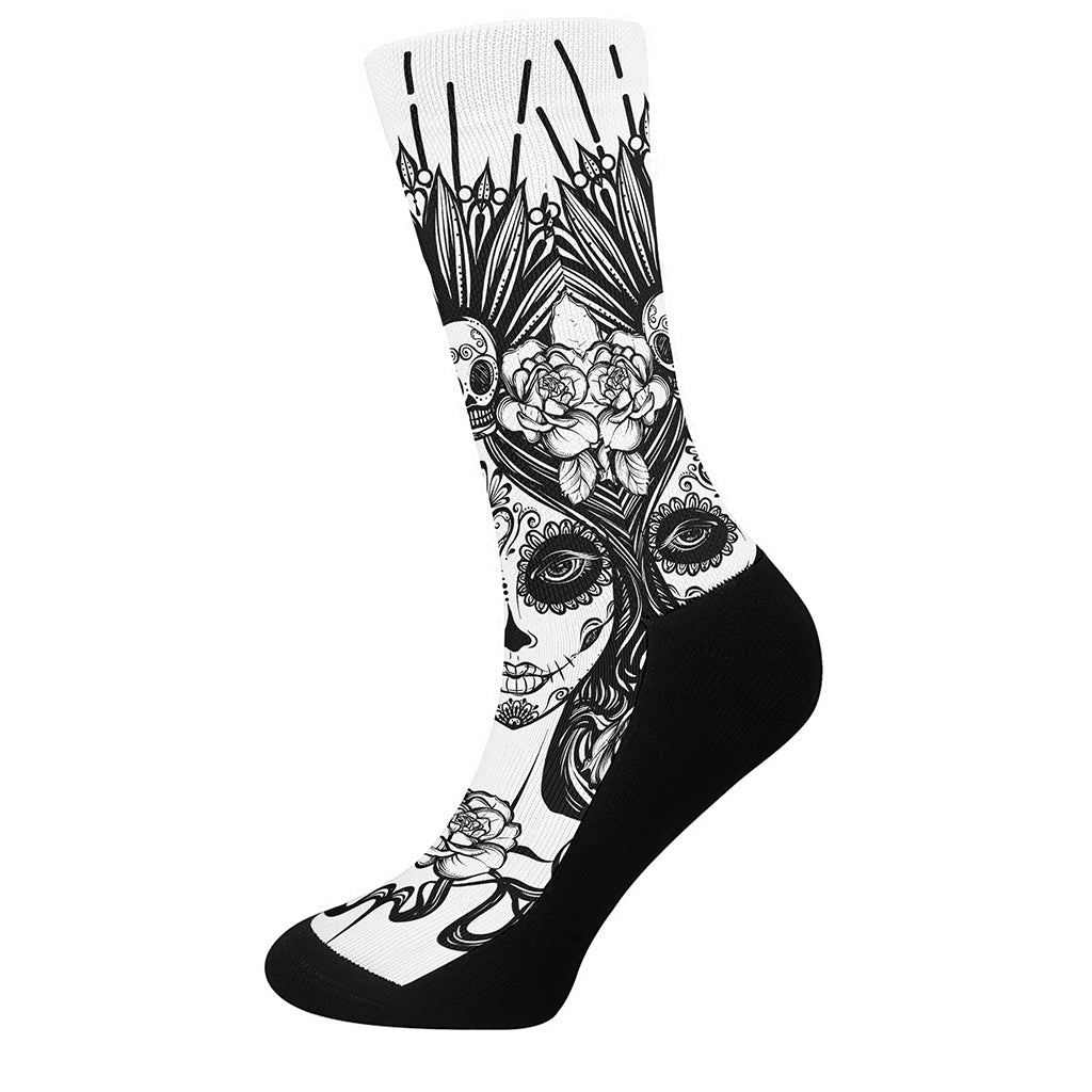 Black And White Calavera Girl Print Crew Socks