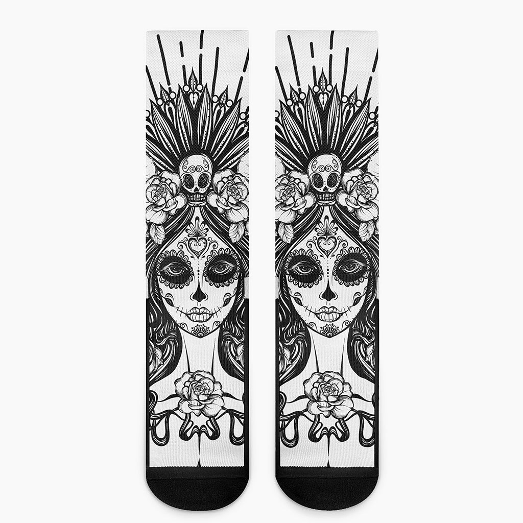 Black And White Calavera Girl Print Crew Socks